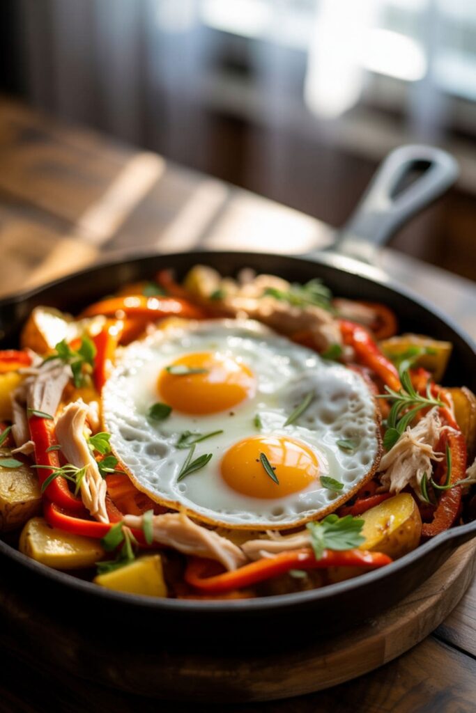 Skillet breakfast hash with potatoes, bell peppers, shredded chicken, and sunny-side-up eggs