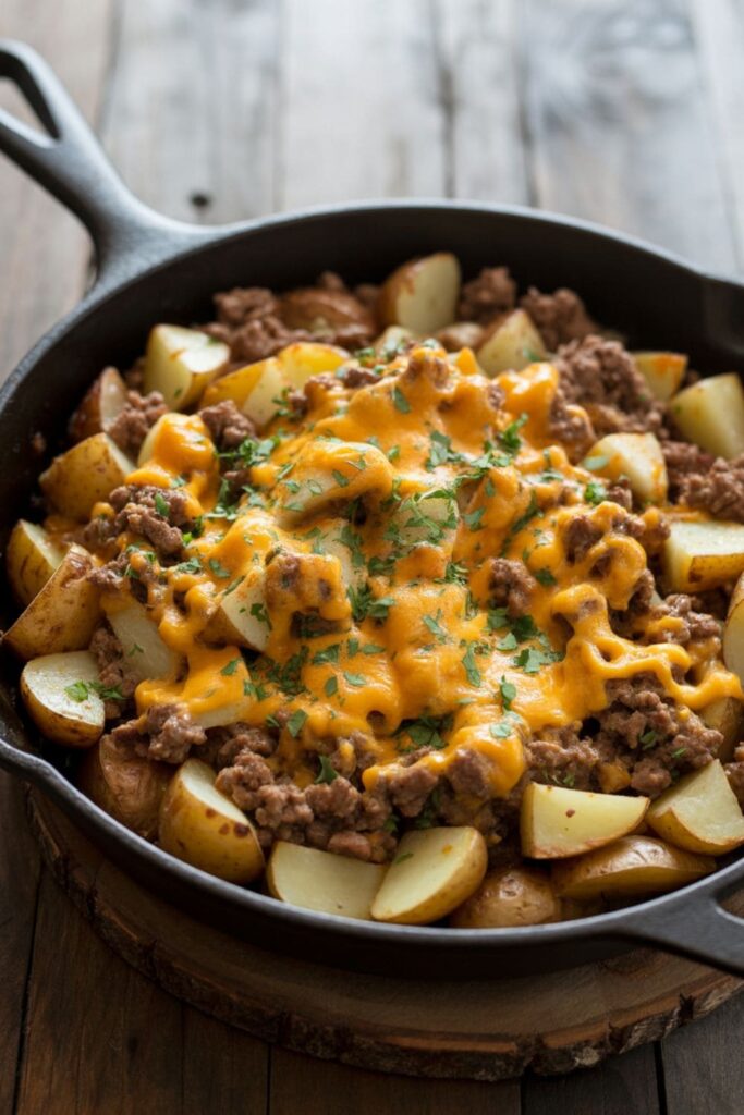 Skillet filled with crispy potatoes and ground beef with melted cheddar