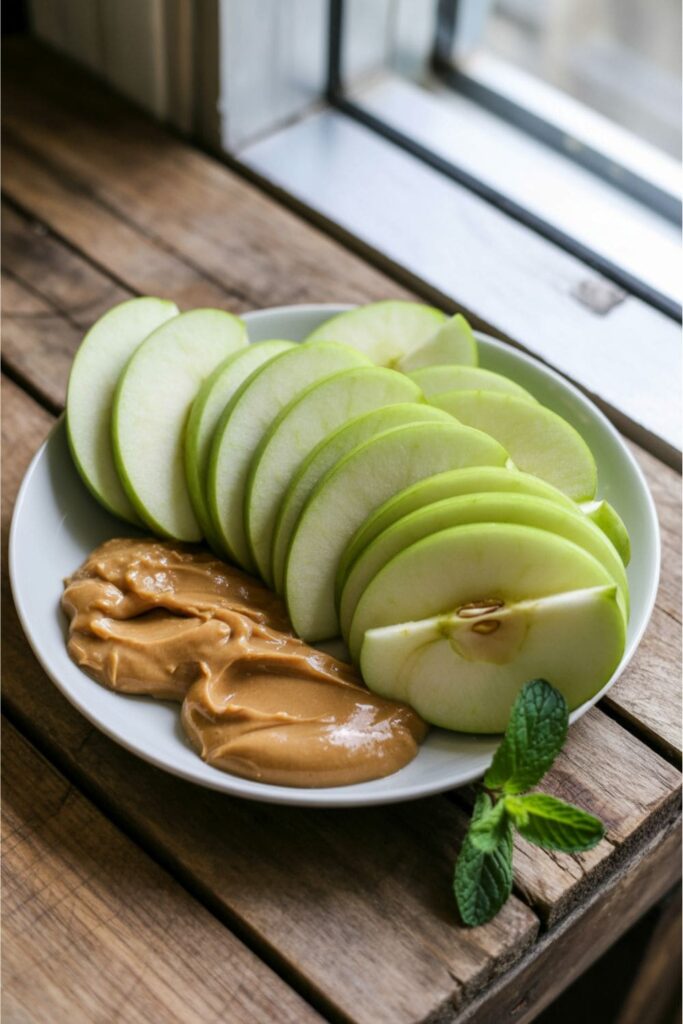 Sliced apples arranged on a plate with dollops of natural peanut butter on each slice