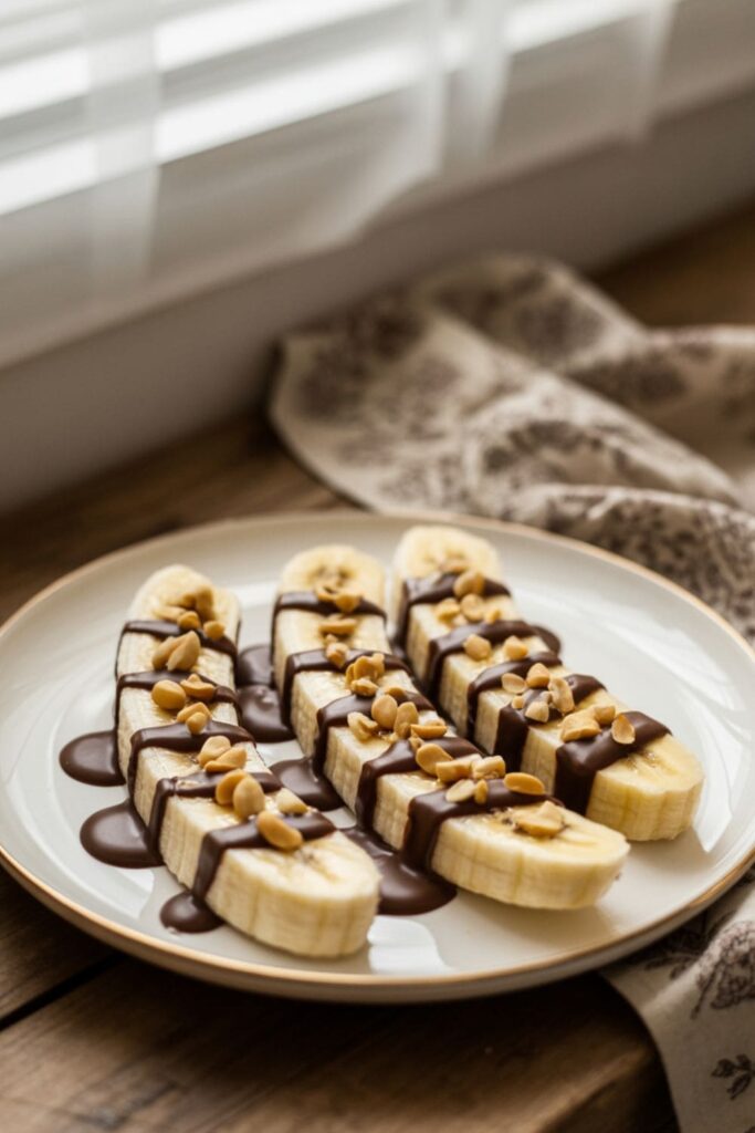 Sliced banana drizzled with melted dark chocolate and crushed peanuts on a white plate