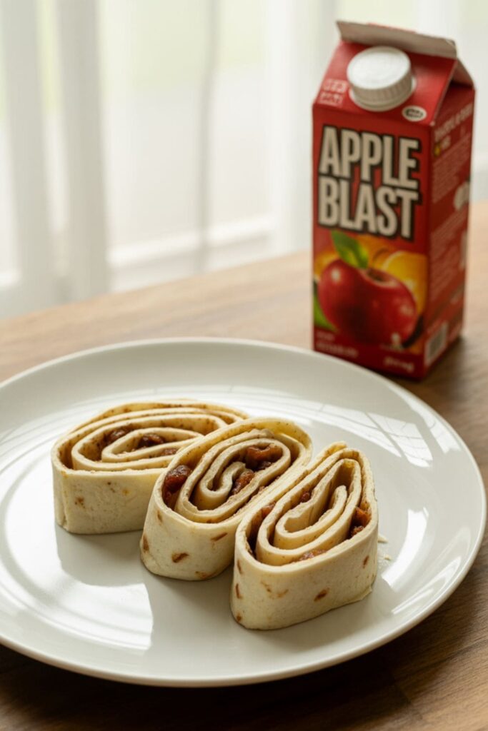 Sliced cinnamon raisin tortilla roll-ups arranged on a plate for an easy school snack