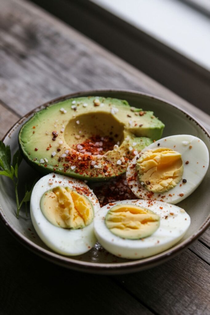 Sliced hard-boiled egg and avocado chunks topped with chili flakes in a small bowl