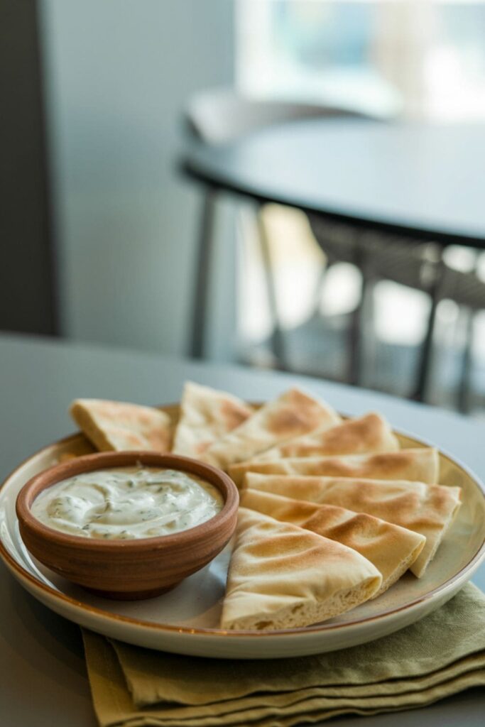 Sliced pita bread with a bowl of tzatziki dip on a plate next to a napkin