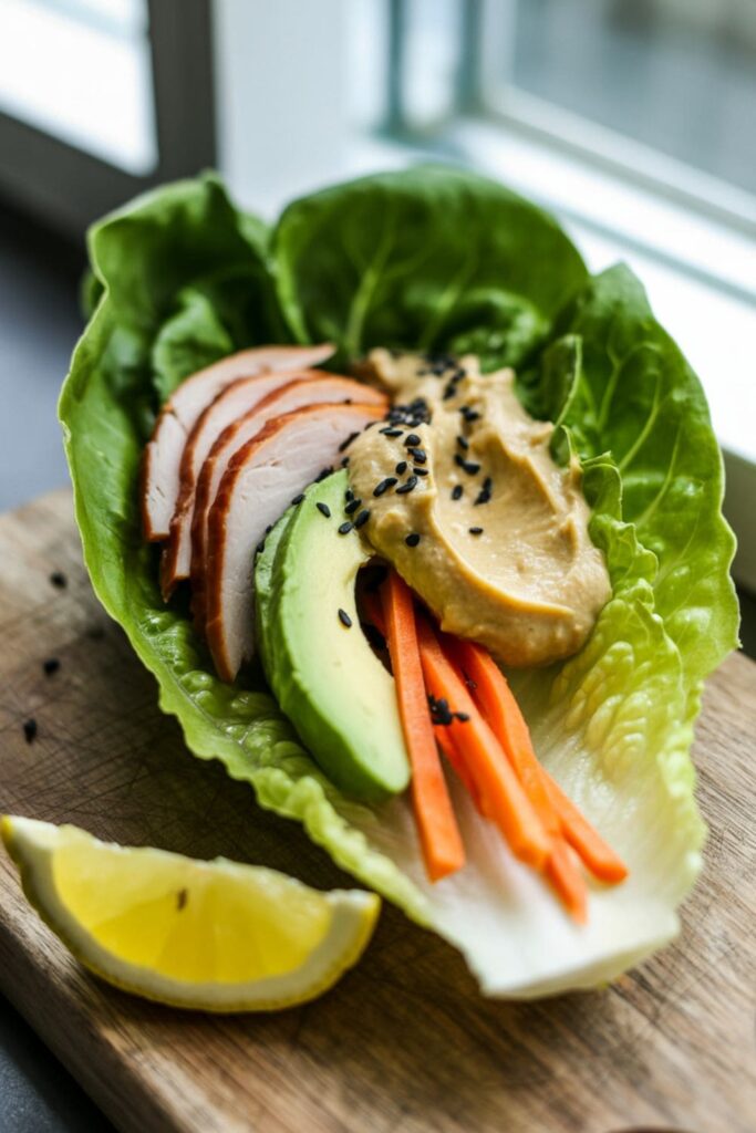 Sliced veggie wraps with turkey, lettuce, carrots, and avocado arranged on a cutting board