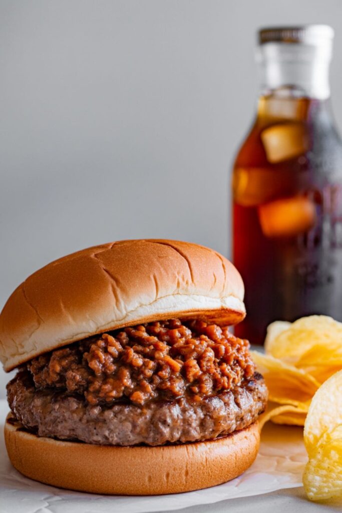 Sloppy joe sandwich on a toasted bun with kettle chips on the side