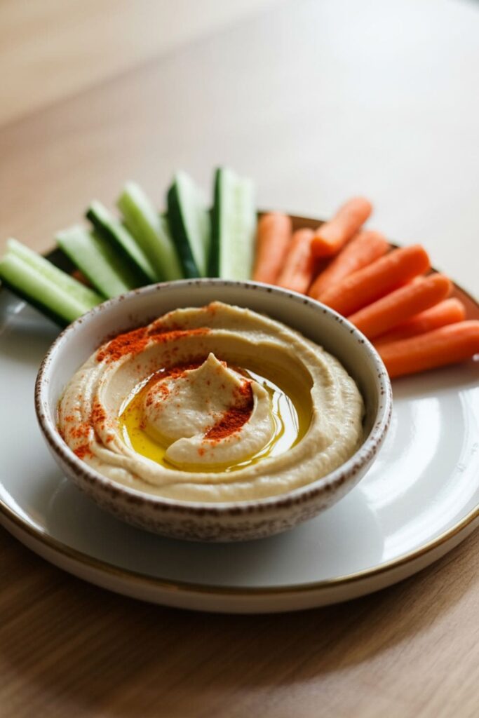 Small bowl of hummus surrounded by fresh baby carrots and cucumber sticks