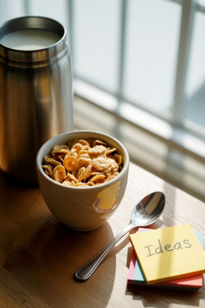 Small cup of cereal next to a thermos of milk and a spoon on a desk