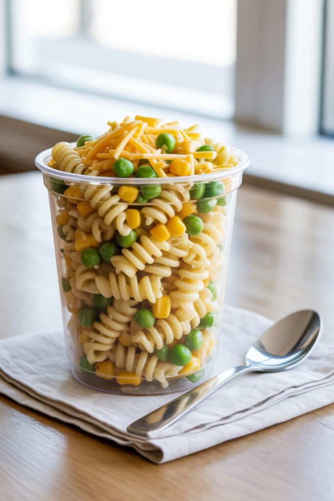 Small cup of cold pasta salad with peas, corn, and shredded cheese served with a spoon