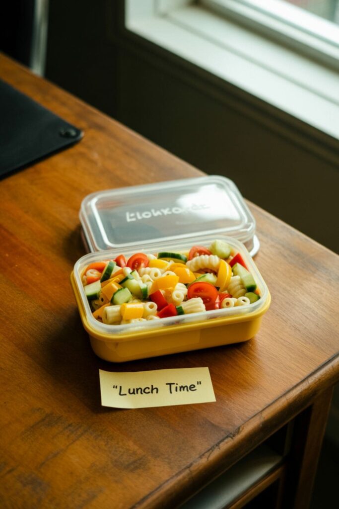 Small lunchbox with pasta salad containing veggies and olive oil on a wooden table