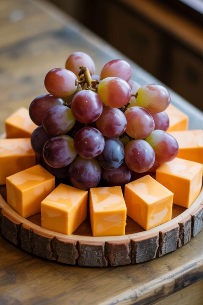 Small plate of cheddar cheese cubes and fresh grapes on a table