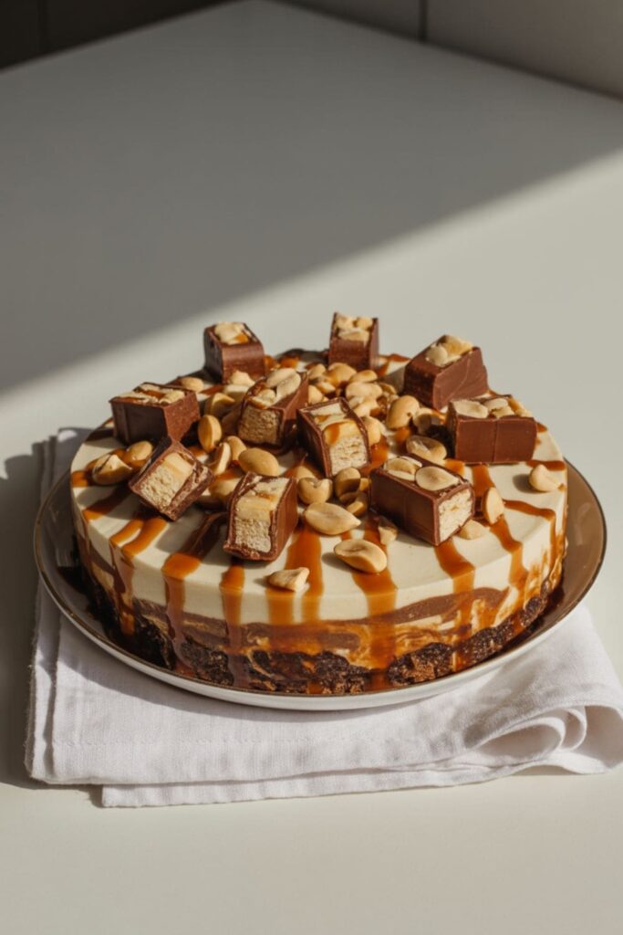Snickers no bake pie with chopped Snickers bars and caramel drizzle