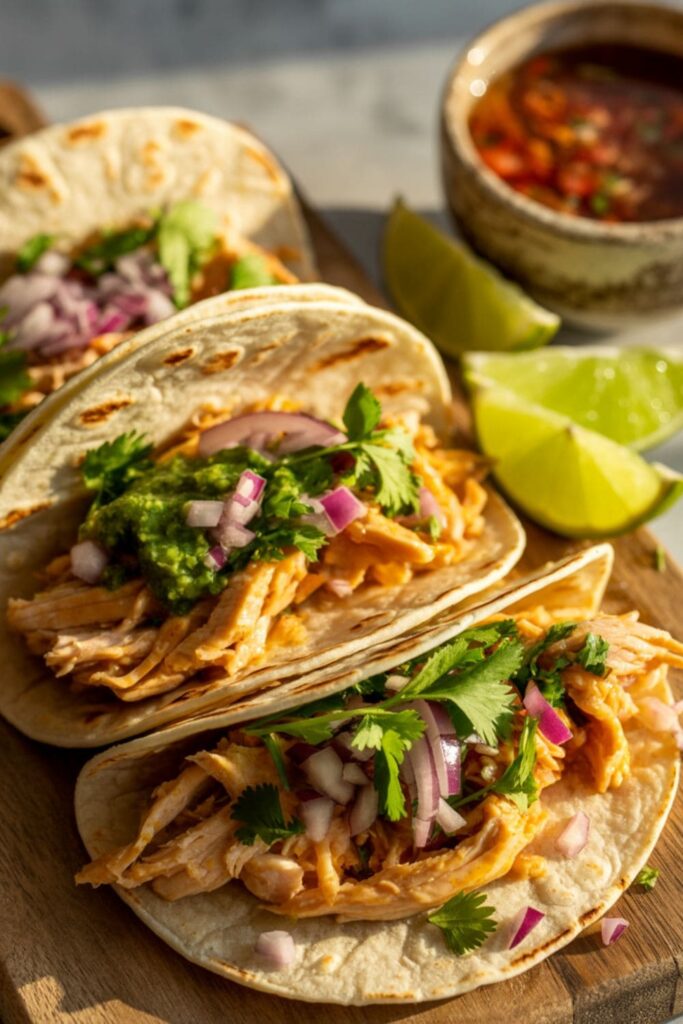 Soft corn tortillas filled with rotisserie chicken, chopped onions, and cilantro with lime wedges