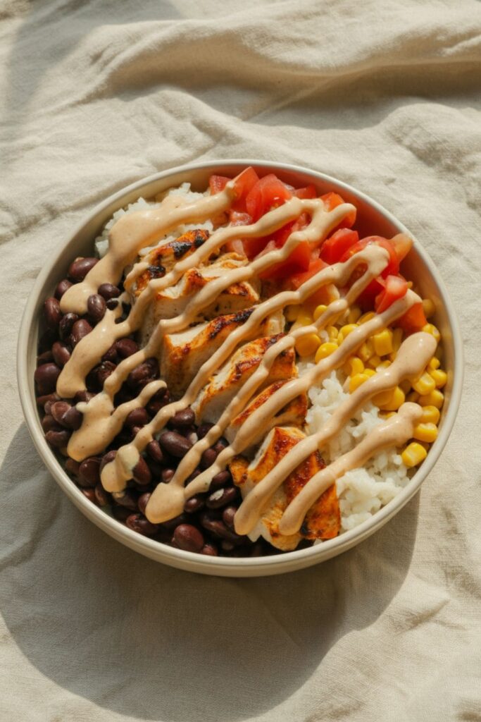 Southwest chicken bowl with black beans, corn, tomatoes, rice, and chipotle ranch