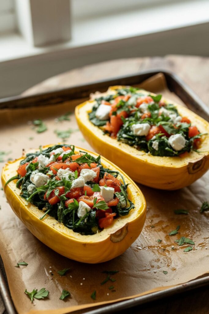 Spaghetti squash boats filled with spinach, tomatoes, and feta baked and ready to serve