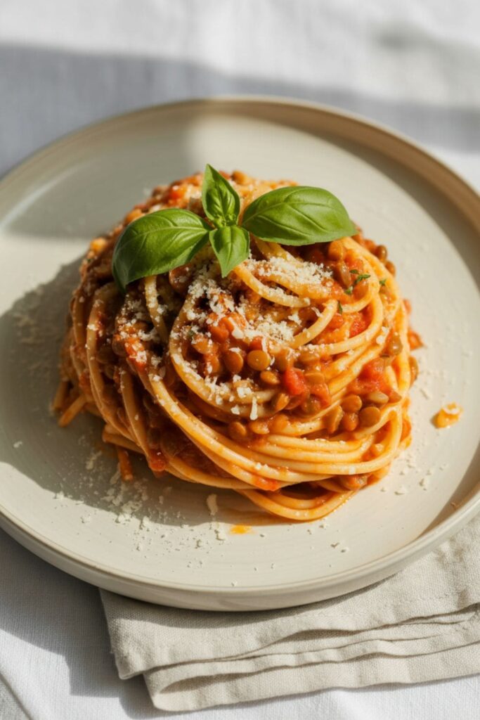 Spaghetti with lentil Bolognese sauce and parmesan on a rustic plate