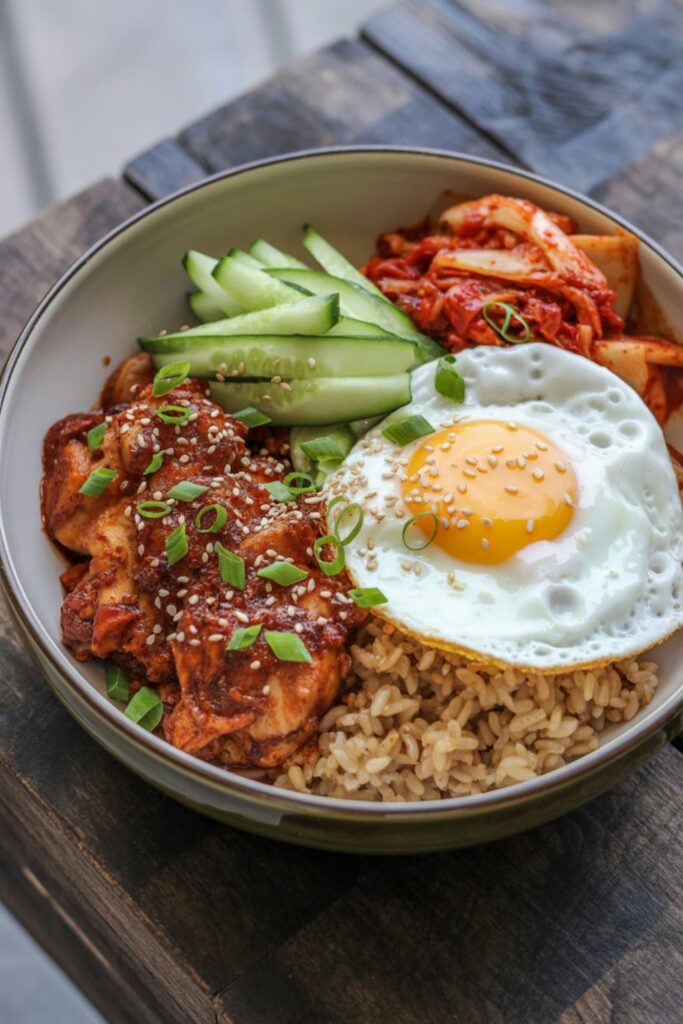 Spicy Korean chicken with gochujang glaze, brown rice, kimchi, cucumber ribbons, and a fried egg