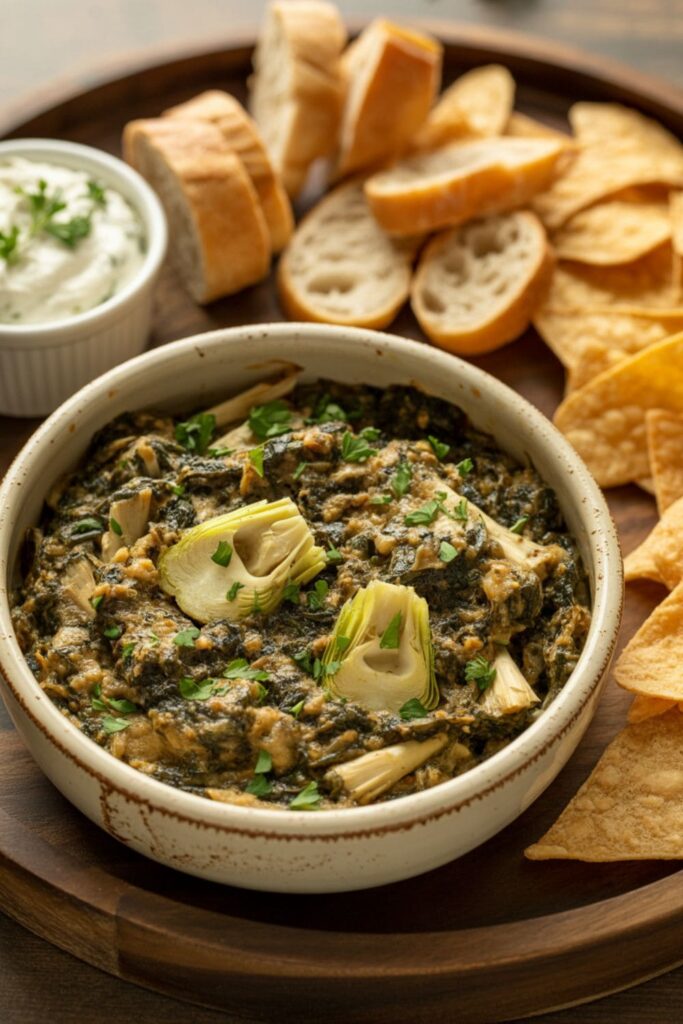 Spinach and artichoke dip served warm in a bowl with tortilla chips and sliced bread on the side