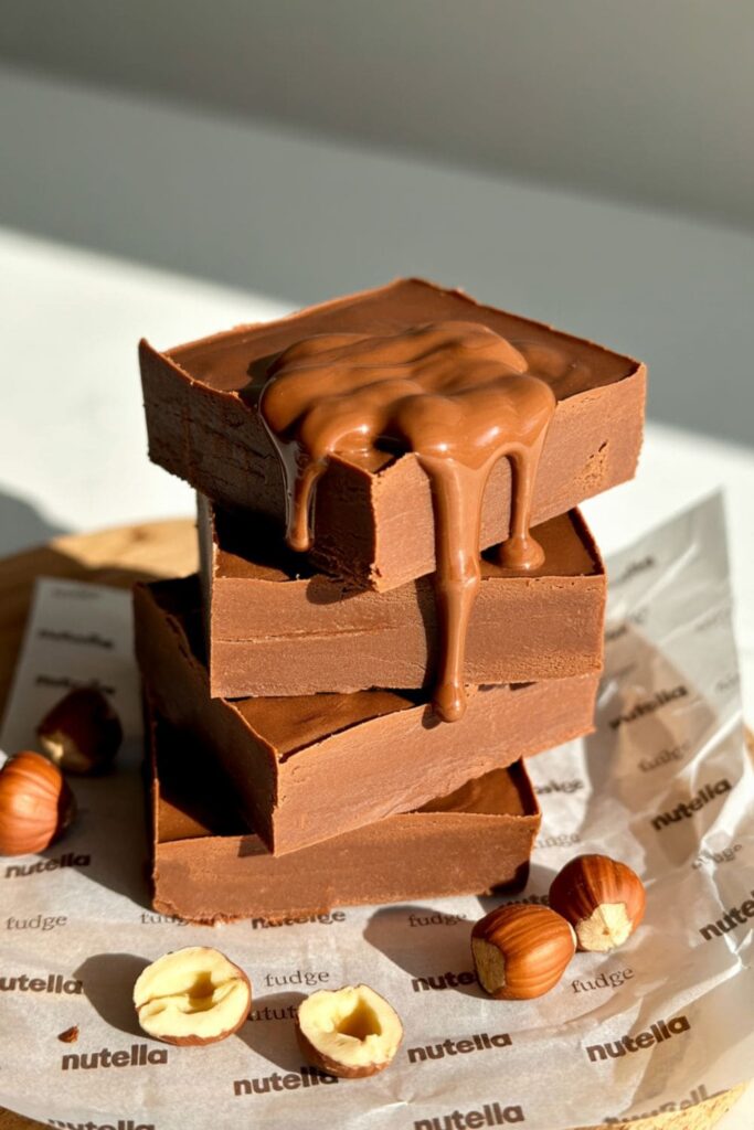 Squares of Nutella fudge stacked on parchment with a chocolate drizzle