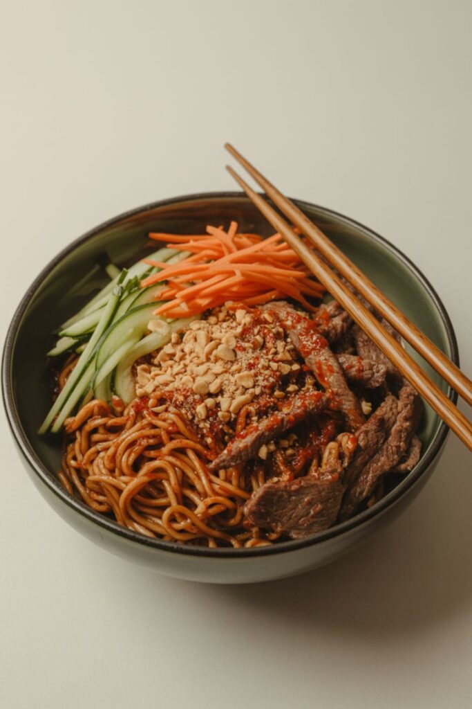 Sriracha beef noodle bowl with carrots, cucumbers, and crushed peanuts in a black bowl