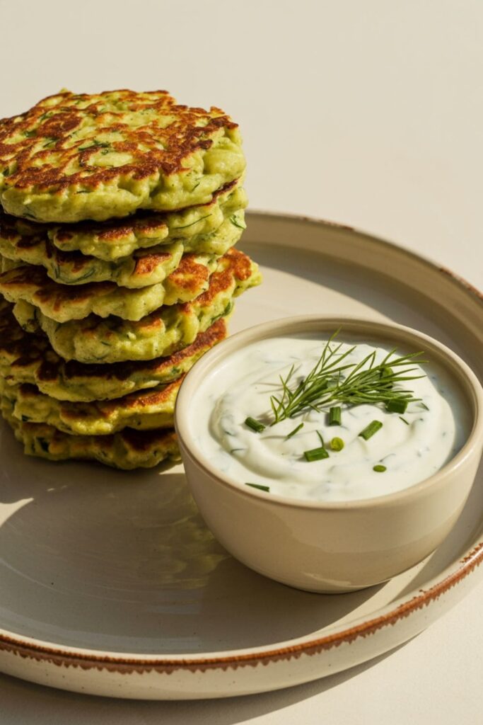 Stack of crispy zucchini fritters served with yogurt dip and fresh herbs