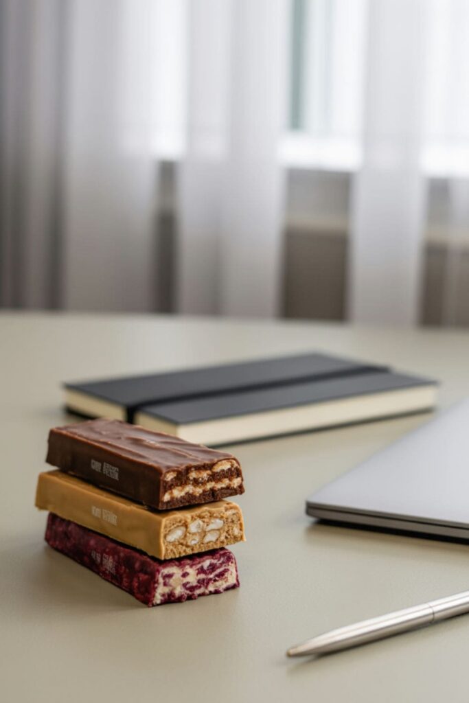 Stack of unwrapped protein bars beside a laptop and notepad on a clean workspace