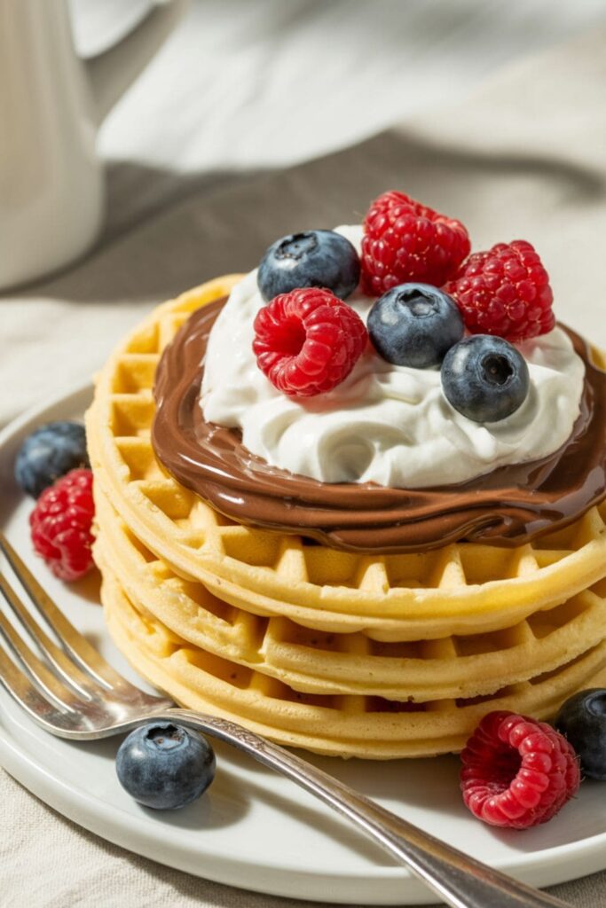 Stacked-waffles-with-Nutella-spread-and-whipped-cream-on-top