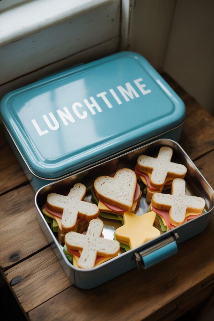 Star and heart-shaped mini sandwiches with turkey and cheese packed for school lunch