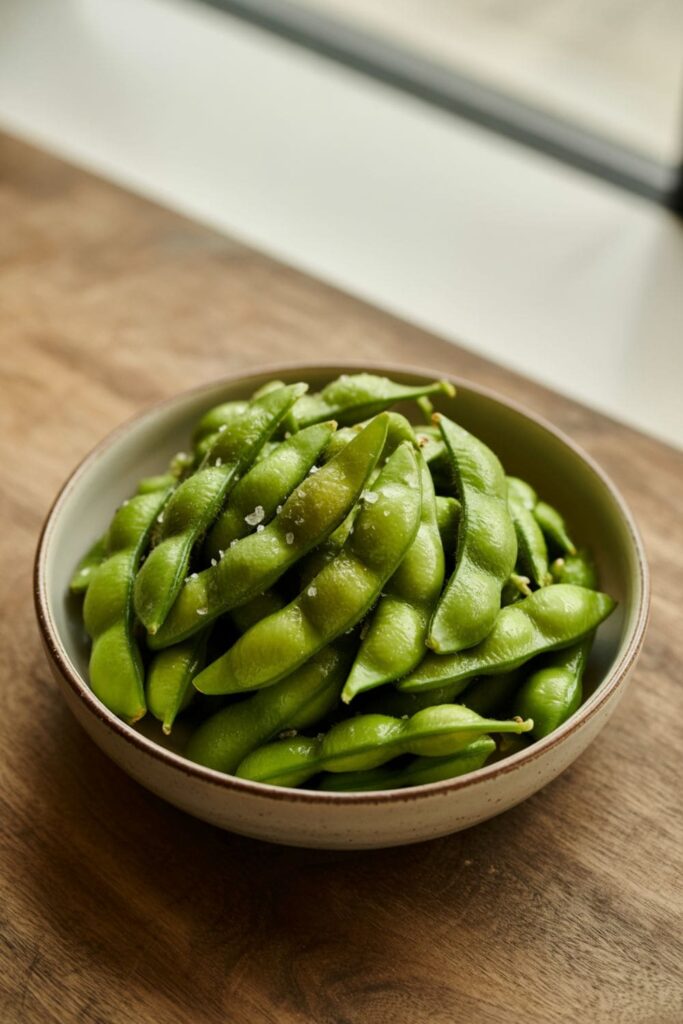 Steamed edamame served in a bowl with sea salt sprinkled on top