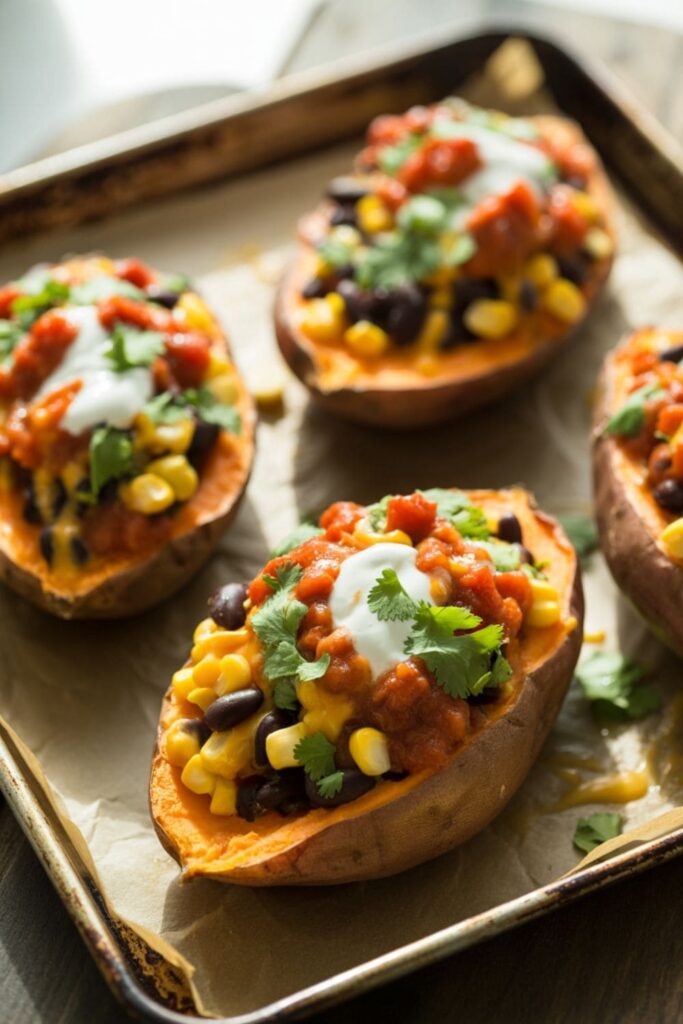Stuffed sweet potatoes filled with beans, corn, cheese, and salsa