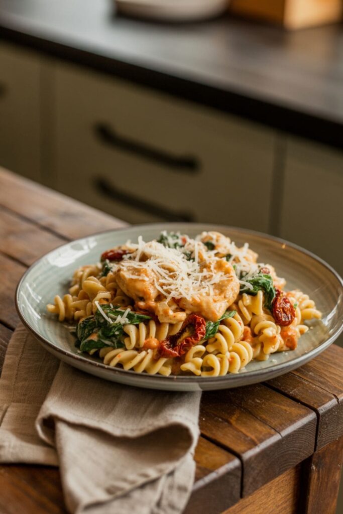 Sun-dried tomato chicken pasta with spinach and creamy sauce in a deep bowl