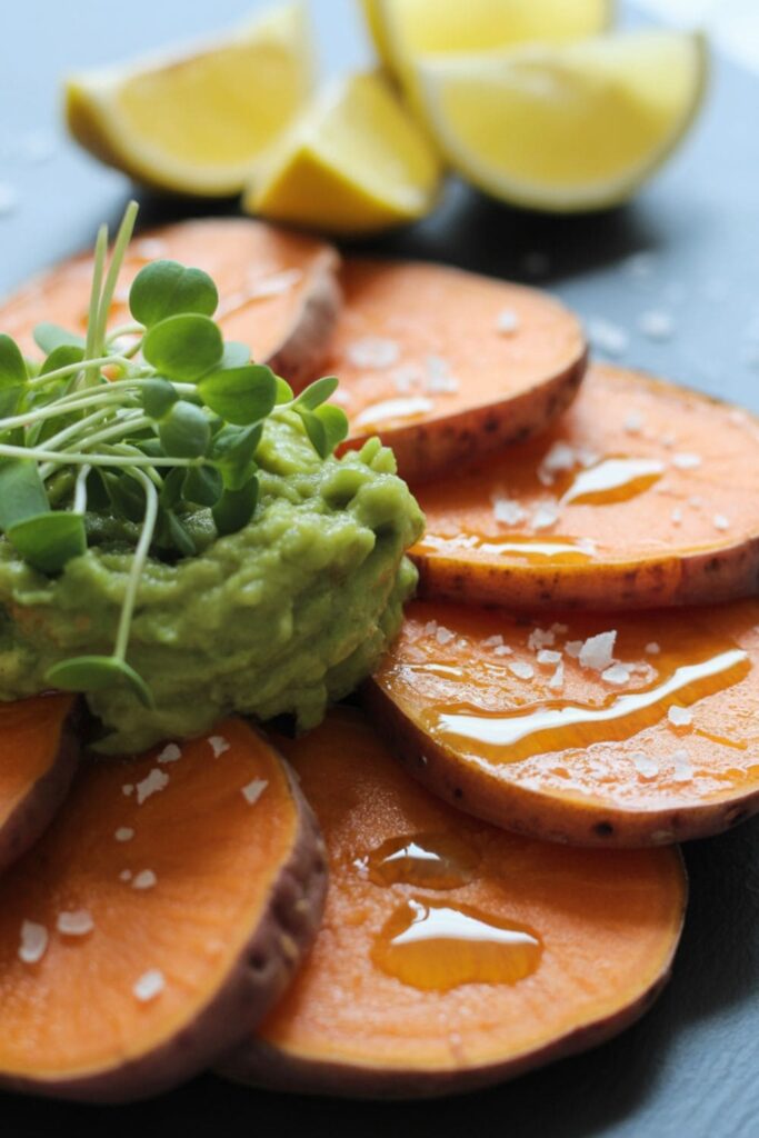 Sweet potato bites topped with guacamole and herbs arranged on a slate board
