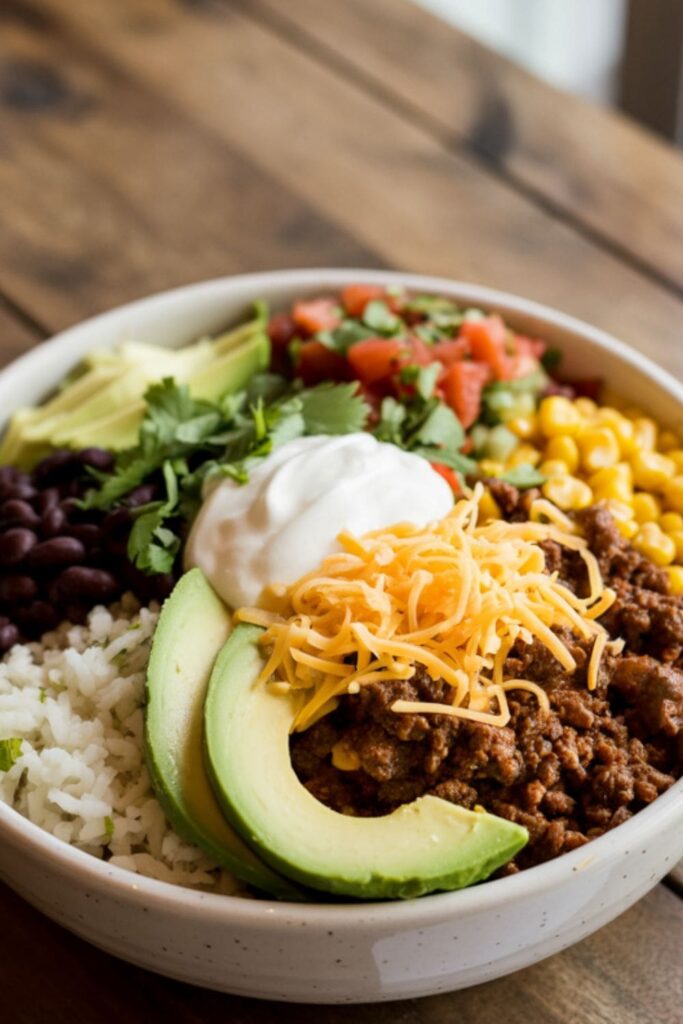 Taco beef bowl with rice, black beans, corn, avocado, salsa, sour cream, and shredded cheese