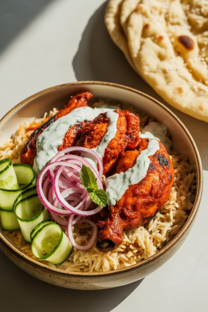 Tandoori chicken with basmati rice, pickled onions, cucumber slices, and mint yogurt drizzle