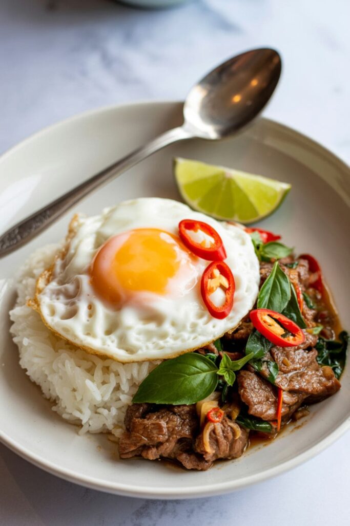 Thai basil beef with steamed rice and a fried egg on top