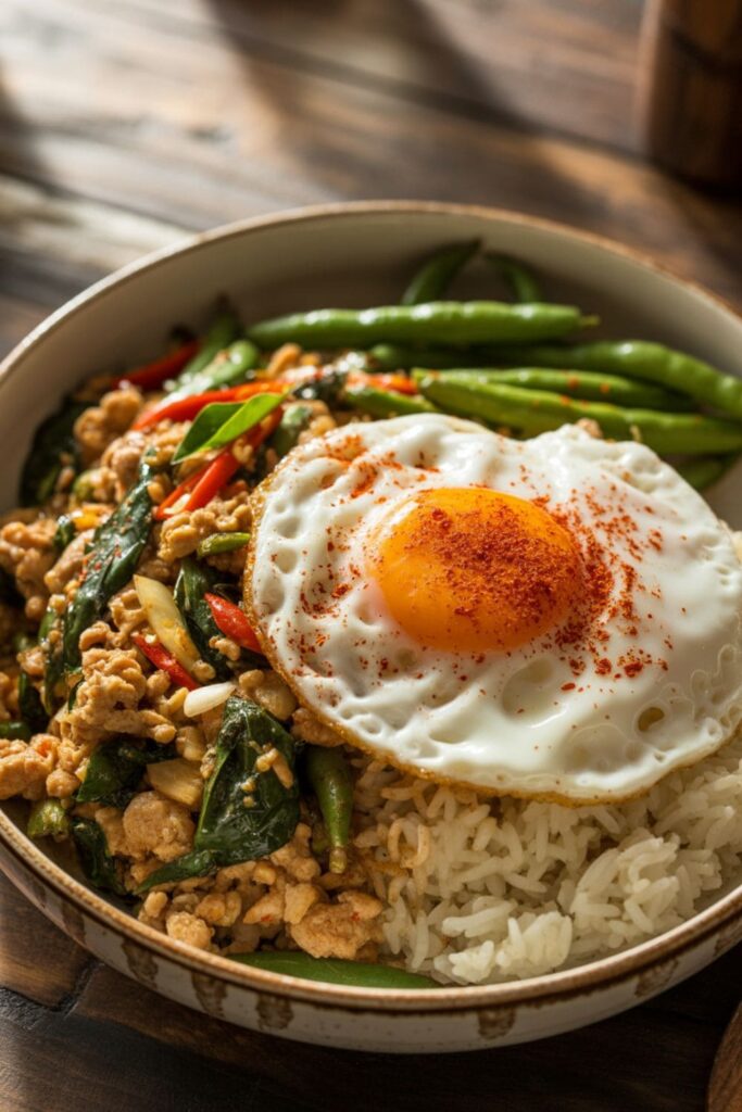Thai basil ground chicken with jasmine rice, green beans, and a fried egg in a savory dinner bowl