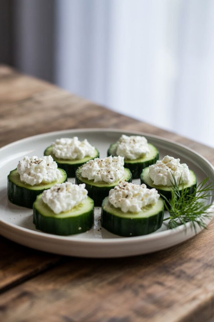 Thick cucumber slices topped with cottage cheese and black pepper on a serving platter