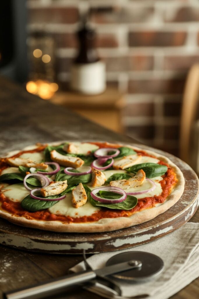 Thin crust pizza topped with chicken, cheese, spinach, and red onions on a wooden board