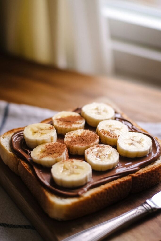 Toasted bread topped with Nutella and banana slices on a wooden board