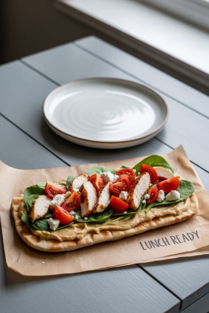 Toasted flatbread with hummus, chicken, spinach, cherry tomatoes, and crumbled feta