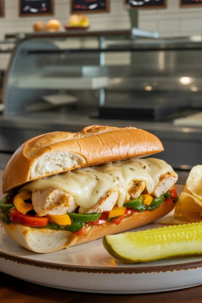 Toasted hoagie roll filled with rotisserie chicken, saut+-¼ed peppers, onions, and melted cheese