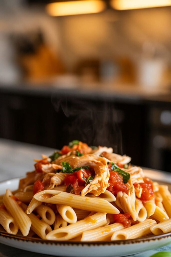 Tomato basil chicken penne in a rich tomato sauce with fresh basil leaves