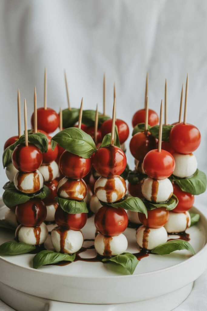 Toothpick skewers with cherry tomatoes, mozzarella balls, and fresh basil drizzled with balsamic glaze
