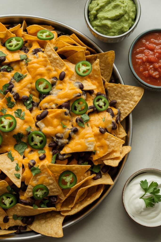 Top view of loaded nachos with melted cheese, beans, jalapenos, and dips on the side