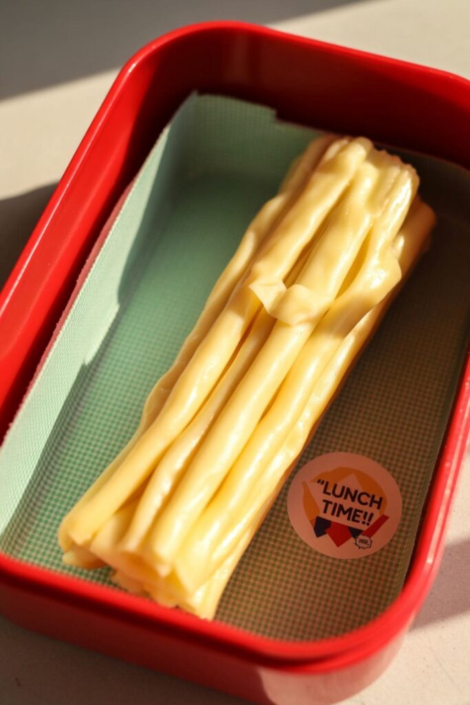 Unpeeled string cheese in a lunchbox beside apple slices and crackers