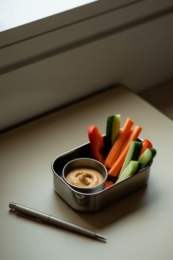 Veggie sticks with hummus dip arranged in a lunch container on a modern office desk