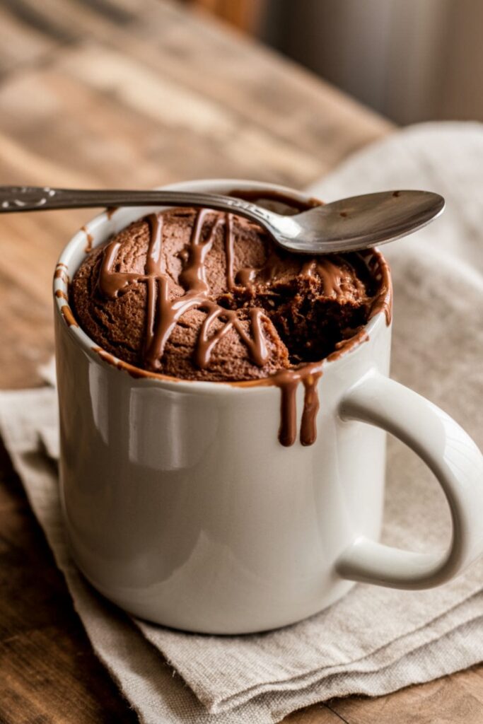 Warm Nutella mug cake in a white cup with a spoonful taken out