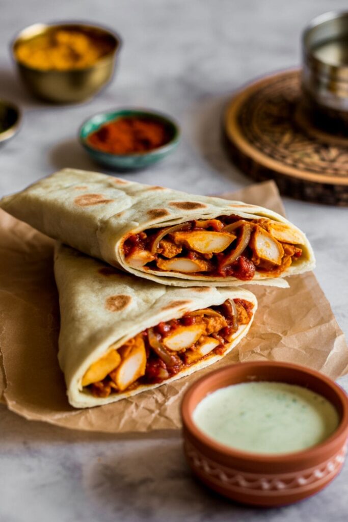 Warm roti rolls filled with spiced chicken, sliced onions, and chutney on parchment paper