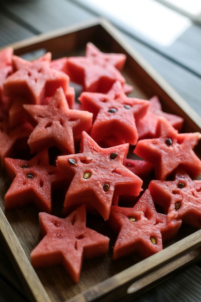 Watermelon cut into star shapes arranged on a wooden tray