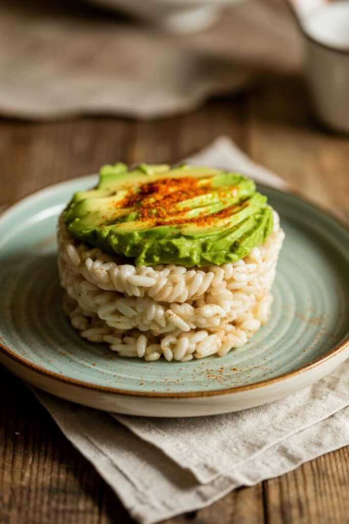 Whole grain rice cakes topped with mashed avocado, chili flakes, and egg slices