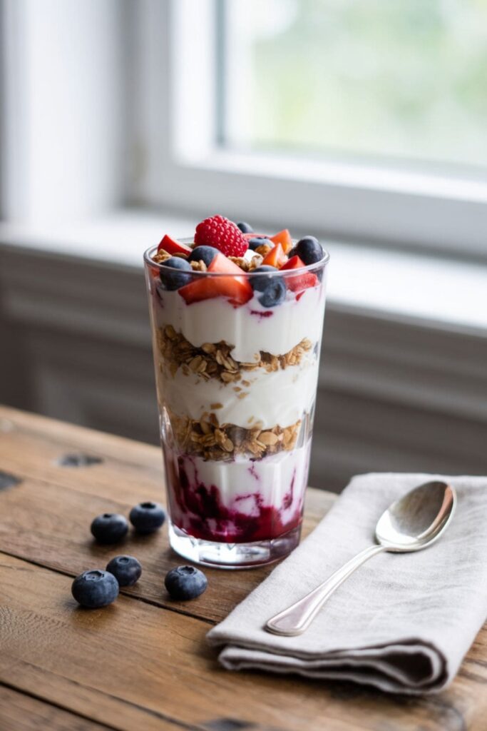 Yogurt parfait layered with granola and berries in a clear cup
